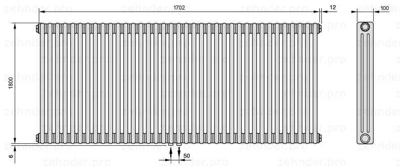 Схема (чертеж) Радиатор Zehnder Charleston 3180/37 №3470 Technoline TL